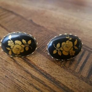 Vintage Clip On Earrings Set_Gold-tone Black w/Gold Rose_Flower